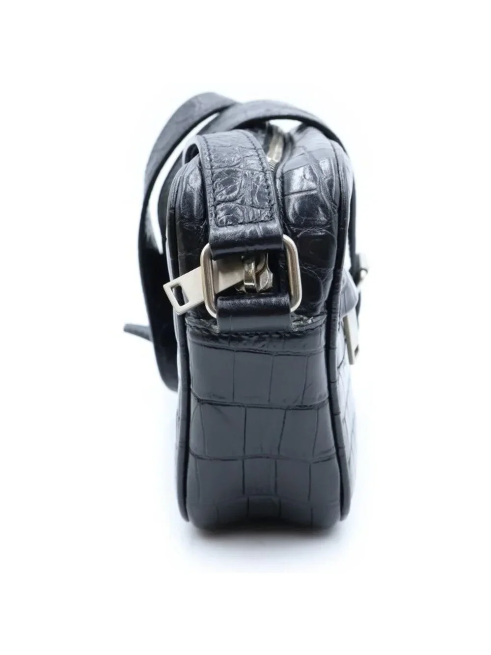 Saint Laurent Paris Camp Small Camera Shoulder Bag Leather Croco Embossed Black